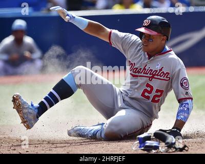 Washington Nationals' Juan Soto (22) celebrates his two-run home run during  the eighth inning of a baseball game against the San Diego Padres, Sunday,  July 18, 2021, in Washington. The Nationals won