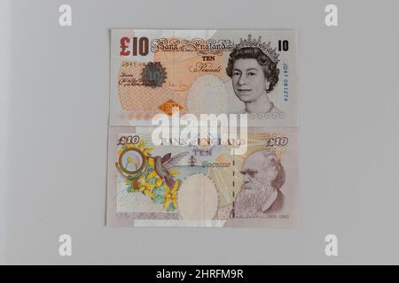 Bank of England £10 tenner note with front and back two sided note Stock Photo