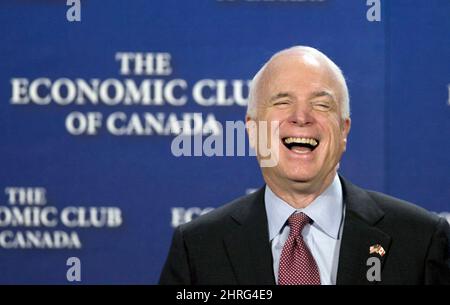 Republican presidential candidate Sen. John McCain, R-Ariz. laughs as he addresses the Economic Club of Canada, Friday, June 20, 2008, in Ottawa, Canada. Canadian politicians are expressing their sympathies to the family of Arizona Sen. John McCain, who has died of brain cancer at the age of 81. THE CANADIAN PRESS/Fred Chartrand