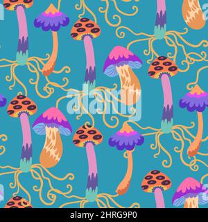 Seamless pattern with psychedelic and fairy colorful mushrooms. Vector hand drawn illustration. Stock Vector