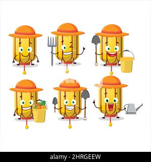 Farmer yellow chinese long lamp cute mascot character with fork. Vector illustration Stock Vector