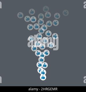 Thumb likes flying up for stories and live streams. Blue thumb icons for social media ui. Vector illlustration isolated in dark background Stock Vector