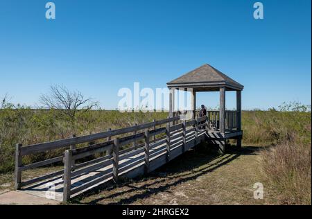 PORT ARANSAS, TX - 29 JAN 2020: Wooden bird watching shelter hut for observing wildlife on a sunny day. includes a handicap accessible ramp. Stock Photo