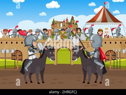 Medieval scene with two knights in armour is fighting  illustration Stock Vector