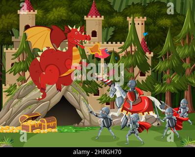 Medieval knights fighting with ancient dragon illustration Stock Vector ...