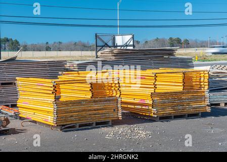 Horizontal shot of scaffolding equipment at a construction site. Stock Photo