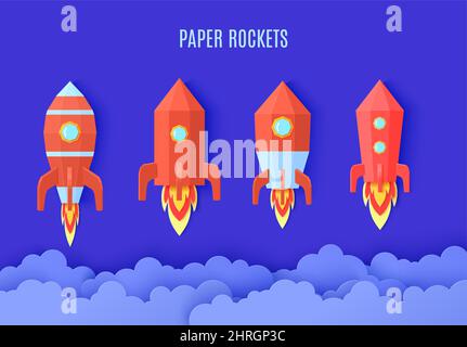 Set of origami red rockets in cut paper style. Craft 3d Cloudscape and four spaceships launch blue sky. Collection of start shuttles vector space Stock Vector