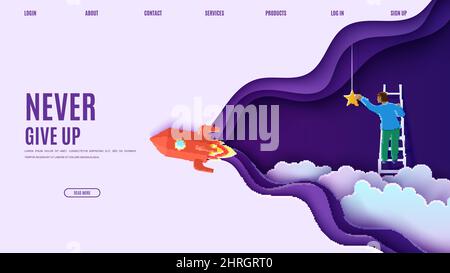 Man on a ladder to pick the star above cloud and red rocket in paper cut style. Cut 3d vector website template with flying ship papercut businessman Stock Vector
