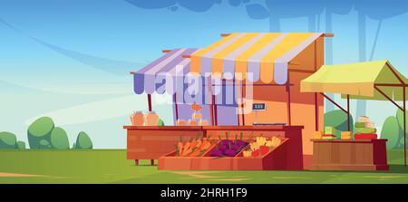 Outdoor farm market stalls, wooden fair booths or kiosks with striped awning and farmer food honey, dairy products and vegetables. Wood vendor counters for street trading, Cartoon vector illustration Stock Vector