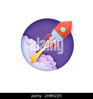 Red rocket launch in space in paper cut style. Round white frame with get start polygonal spaceship. Vector 3d kids background with fire and cloud sky Stock Vector