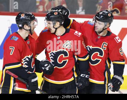 Calgary Flames center Mikael Backlund centre celebrates Calgary