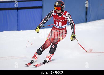 Canada's Valerie Grenier reacts in the finish area following her run in ...