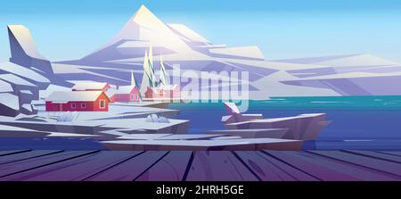 Scandinavian winter landscape view from wooden pier or dock platform. Nordic village with wood houses at sea shore and mountain. Wintertime resort settlement with hotels, Cartoon vector illustration Stock Vector