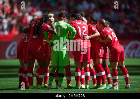 Canada captain Christine Sinclair (12) gathers her teammates for a huddle after England scored their second goal during first half FIFA Women's World Cup quarter-final soccer action in Vancouver on June 27, 2015. Canada coach Kenneth Heiner-Moller learns his team's road map Saturday at the 2019 FIFA Women's World Cup in France at the tournament draw in Paris. THE CANADIAN PRESS/Darryl Dyck