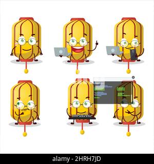 Yellow chinese long lamp Programmer cute cartoon character with. Vector illustration Stock Vector
