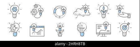 Idea icons, doodle business signs light bulbs with cogwheel, chart, sprout, lightbulb with brain, cloud, target with arrow, human hand holding glowing lamp. Power, task solution Line art vector set Stock Vector