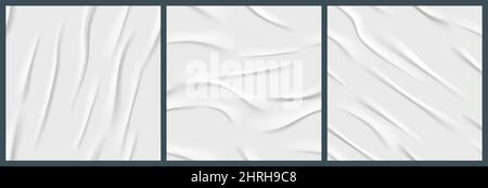 White glued paper texture. Realistic effect of wet paper sheet or crumpled fabric. Vector seamless patterns of blank adhesive page. Empty square stickers with wrinkles isolated on background Stock Vector