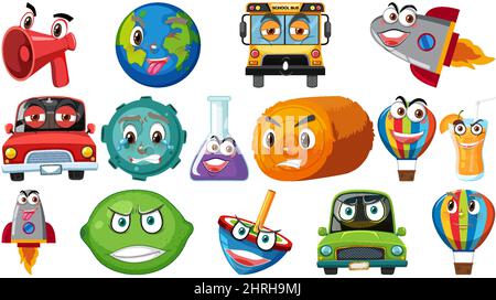 Set of different toy objects with smiley faces illustration Stock Vector