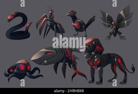 Evil mechanical animals, lion, shark, octopus, butterfly and bird robots. Vector cartoon set of futuristic angry pets cyborgs, black mechanic mantis, snake and fish isolated on gray background Stock Vector