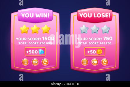 Glossy pink boards with level score, win and lose banners for game ui interface. Vector cartoon set of level achievements with gold stars, coins and buttons isolated on background Stock Vector