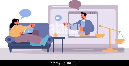 Online legal advice, digital technologies for law assistance. Lawyer on computer screen consulting client. Vector flat illustration with attorney, woman sitting on sofa with laptop and scales Stock Vector