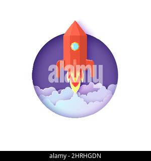 Red rocket launch in space in paper cut style. Round white frame with get start polygonal spaceship. Vector 3d kids background with fire and cloud sky Stock Vector