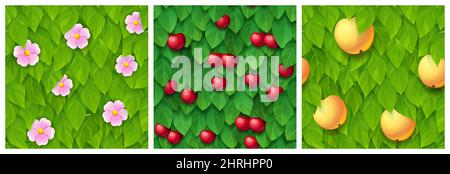 Game textures of green tree leaves with flowers and fruits. Seamless patterns with cherry, peach crop and blooming garden plant. Textured natural backgrounds, realistic graphics, 3d vector layers set Stock Vector