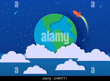 Red rocket launch in space in paper cut style. Absrtact galaxy universe landscape 3d craft background. Cutout spacecraft shuttle fly around Earth Stock Vector
