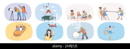 Set of happy kids have fun playing together on leisure weekend. Collection of smiling small children relax rest with friends on vacation or holiday involved in games. Flat vector illustration.  Stock Vector