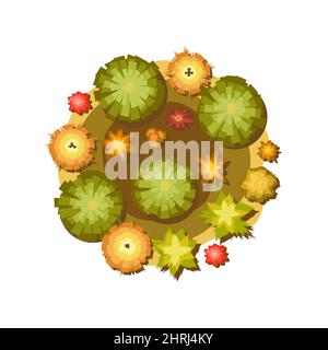 Round Autumn landscape top view. Scene with yellow and orange trees and bushes from height. Above countryside. Isolated on white background. Cartoon s Stock Vector