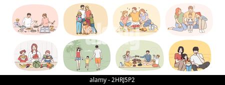 Set of smiling young parents with small children relax together eat tasty food use gadgets. Bundle of happy family with kids have fun rest at home and outdoors. Unity and bonding. Vector illustration. Stock Vector