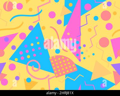Seamless pattern with geometric shapes in 80s memphis style. Abstract background with chaotic geometry. Design for brochures, banners and promotional Stock Vector