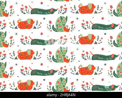 Vector seamless pattern with stylized dogs with folk ornaments and natural decorations. Poodle and dachshund. Animal family. Animalistic texture with Stock Vector