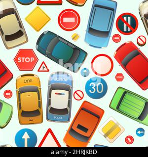 Auto traffic seamless pattern. Top view from above. Cars and road signs. Cartoon funny style. Flat design. illustration vector. Stock Vector