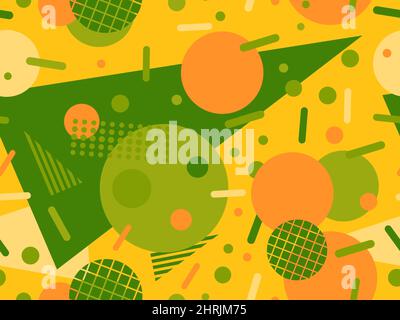 Seamless pattern with geometric shapes in 80s memphis style. Abstract background with chaotic geometry. Design for brochures, banners and promotional Stock Vector