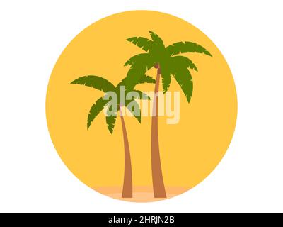 Two palm trees at sunset isolated on white background. Summer tropical sunset in 80s retro style. Design for advertising brochures, banners and travel Stock Vector