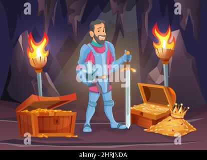 Heroic adventure scene with knight with sword finding enchanted treasures in magic cave. Stock Vector