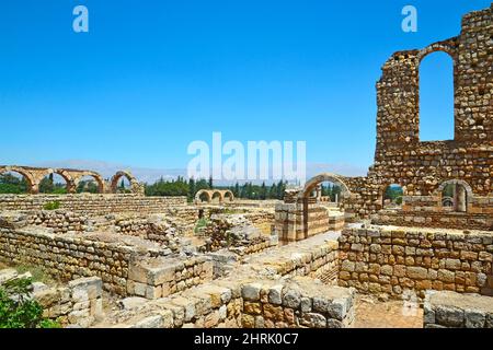 Ruins of the historic city of Umayyad Anjar (Anjar) from the time of the Umayyad Caliphate in the Bekaa Valley in Lebanon. Stock Photo