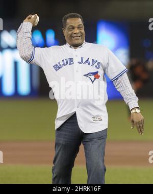 Toronto Blue Jays alumni George Bell reacts after throwing out the  ceremonial first pitch prior to start of American League MLB baseball  action between the Toronto Blue Jays and Baltimore Orioles, in