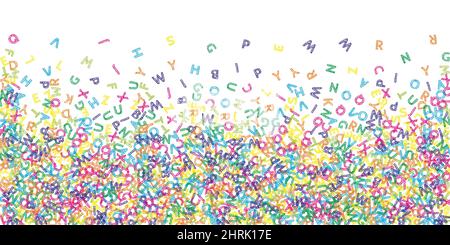 Falling letters of English language. Colorful sketch flying words of Latin alphabet. Foreign languages study concept. Overwhelming back to school banner on white background. Stock Vector