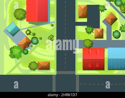 Road connection. Streets of city. Top View from above. Small town house and road. Map with roads, trees and buildings. Modern car. Cartoon cute style Stock Vector