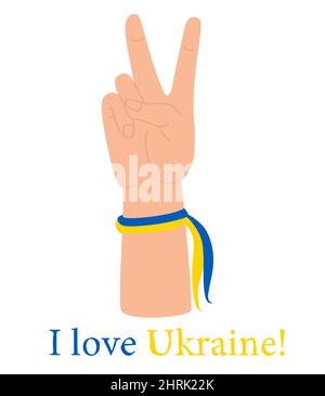 Hand gesture V - victory. Hand with yellow-blue ribbon shows two fingers. Colors of Ukrainian flag. Text in English - I love Ukraine. Vector illustrat Stock Vector