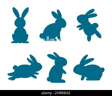 Silhouettes of easter rabbits isolated on a white background. Collection of bunnies flat cartoon. Stock Vector