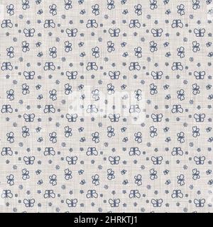 Farmhouse blue butterfly linen seamless pattern. Tonal french country cottage style farm animal background. Simple vintage rustic fabric textile Stock Photo