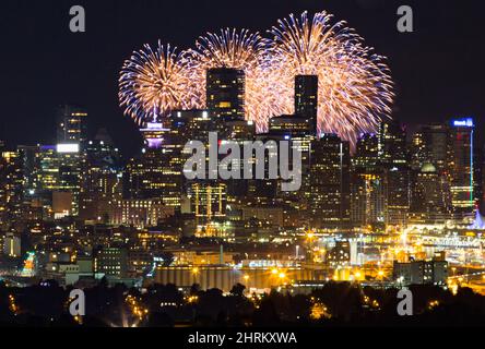Seen from Burnaby Mountain approximately 16 kilometres away, fireworks explode behind the downtown Vancouver skyline as a pyrotechnic team from Croatia closes out the final night of the Honda Celebration of Light, in Vancouver, on Saturday August 3, 2019. A ban on the sale and use of consumer fireworks could be in place across Vancouver by 2021. City councillors voted Tuesday in favour of a motion to prohibit fireworks, but the ban will not completely darken the colourful and noisy displays in Vancouver. THE CANADIAN PRESS/Darryl Dyck