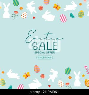Easter sale banner design template with colorful eggs and flowers. Use for social media, advertising, flyers, posters, brochure, voucher discount. Stock Vector