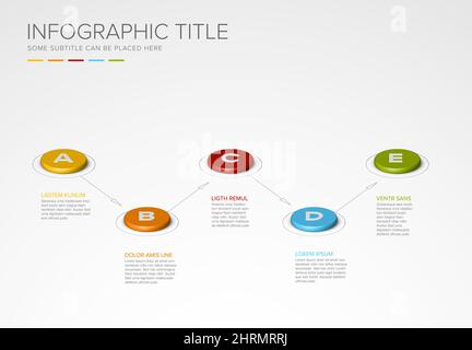 Vector multipurpose Infographic template made from five color buttons chart with letters, arrows,  descriptions and legend - light background version Stock Vector