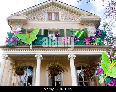 Mardi Gras 2022 decorated house on St. Charles Ave in New Orleans. Stock Photo