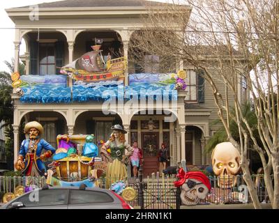 Mardi Gras 2022 decorated house on St. Charles Ave in New Orleans. Stock Photo