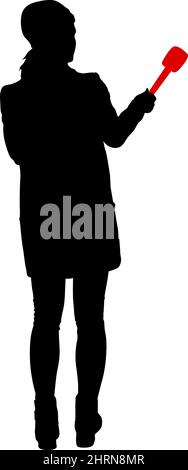 Silhouette operator removes journalist with microphone on a white background. Stock Vector